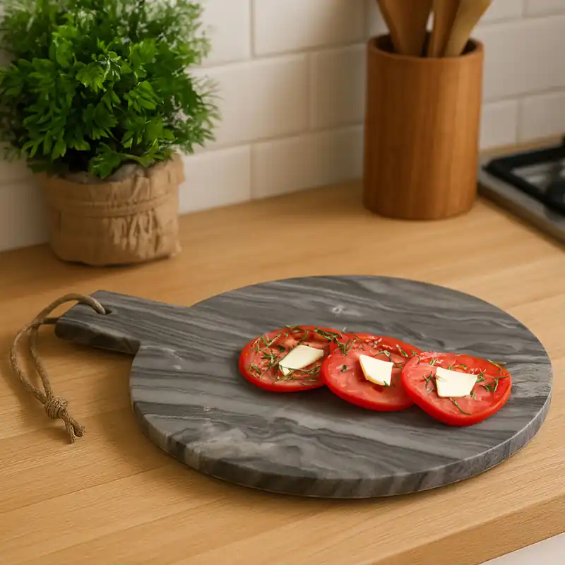 Grey Marble Round Paddle Serving Board, Durable Natural Stone Board For Kitchen Use - Orsina