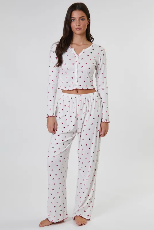 Cherry Printed Ribbed Jersey Long Sleeve and Trouser Set - Loungeable