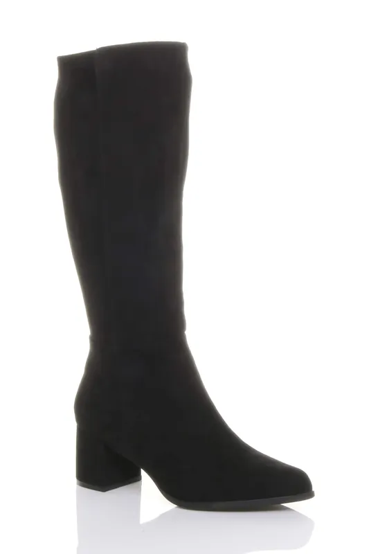Mid Block Heel Pointed Toe Stretchy Riding Calf Boots - AJVANI