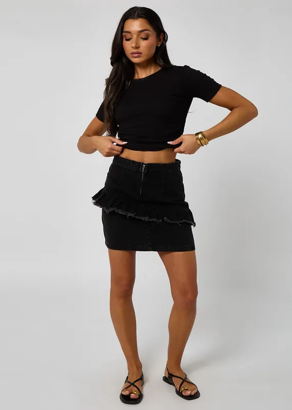 April Black Denim Frill Skirt - Urban Bliss
