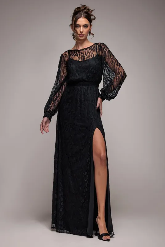 Lace Long Sleeve Shirred Waist Maxi Dress - Goddiva
