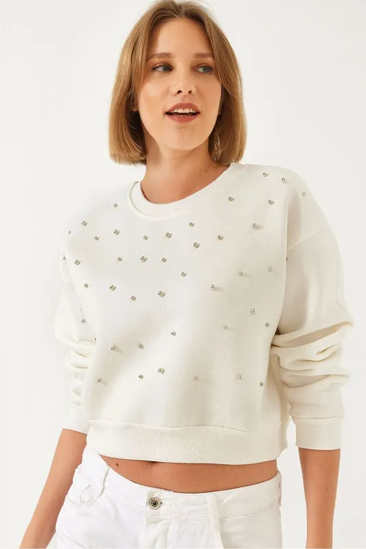 Patterned Crew Neck Pullover with Pompom - Bianco Lucci
