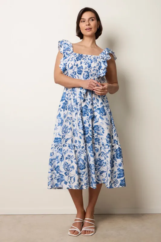 White Frill Sleeveless Dress With Floral Print - Blue Vanilla