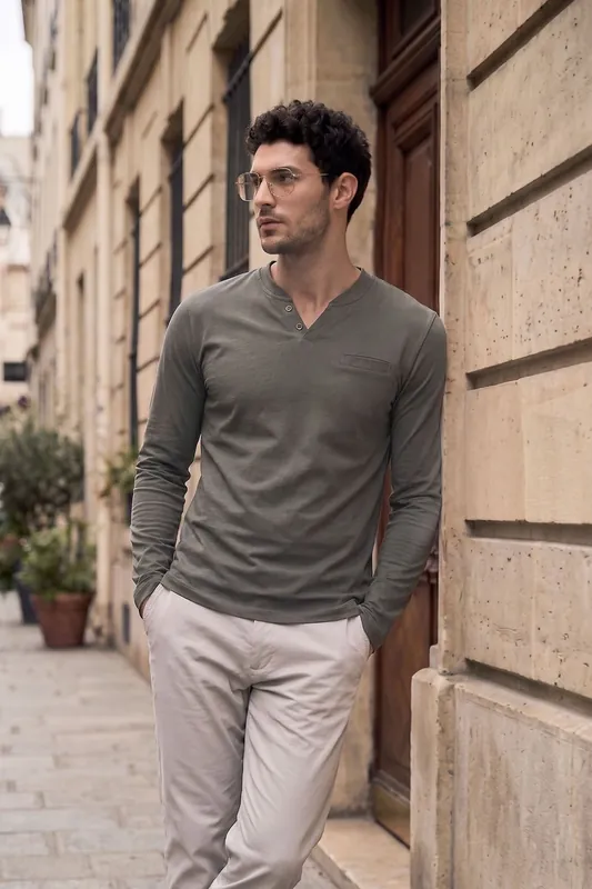Casual Long Sleeve Split Neck T-Shirt