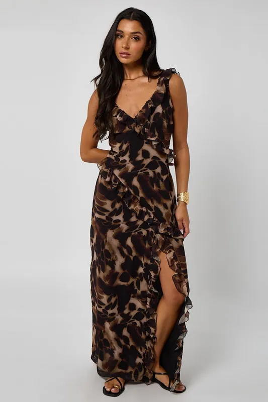 Tortoise Print Ruffle Maxi Dress - Urban Bliss