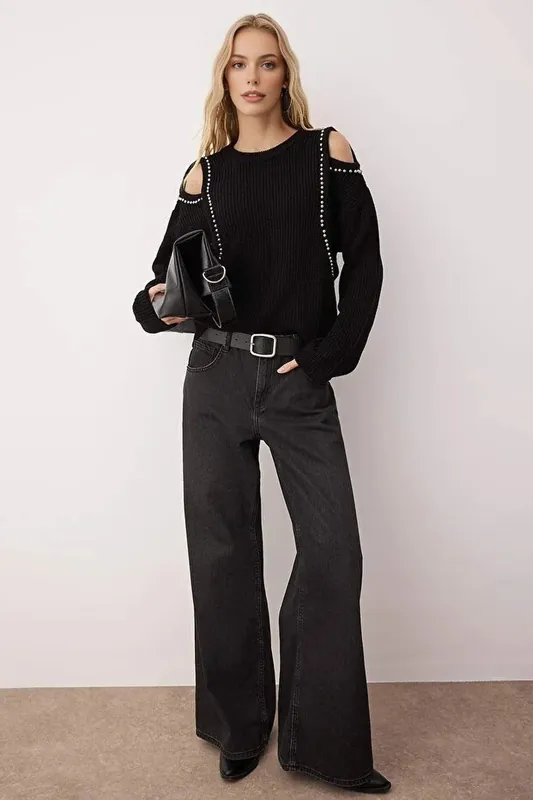 Embellished Knit Sweater with Shoulder Cut Out Detail - WOVCOR