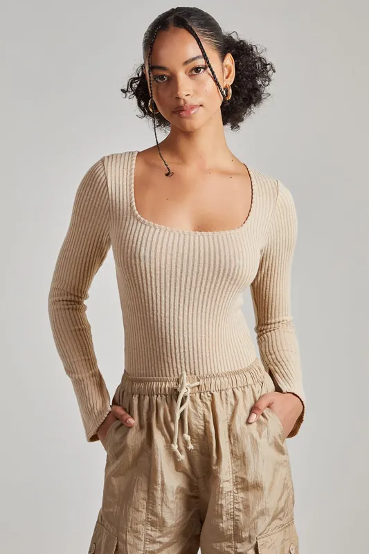 Chunky Rib Long Sleeved Squared Neck Bodysuit - Pink Vanilla