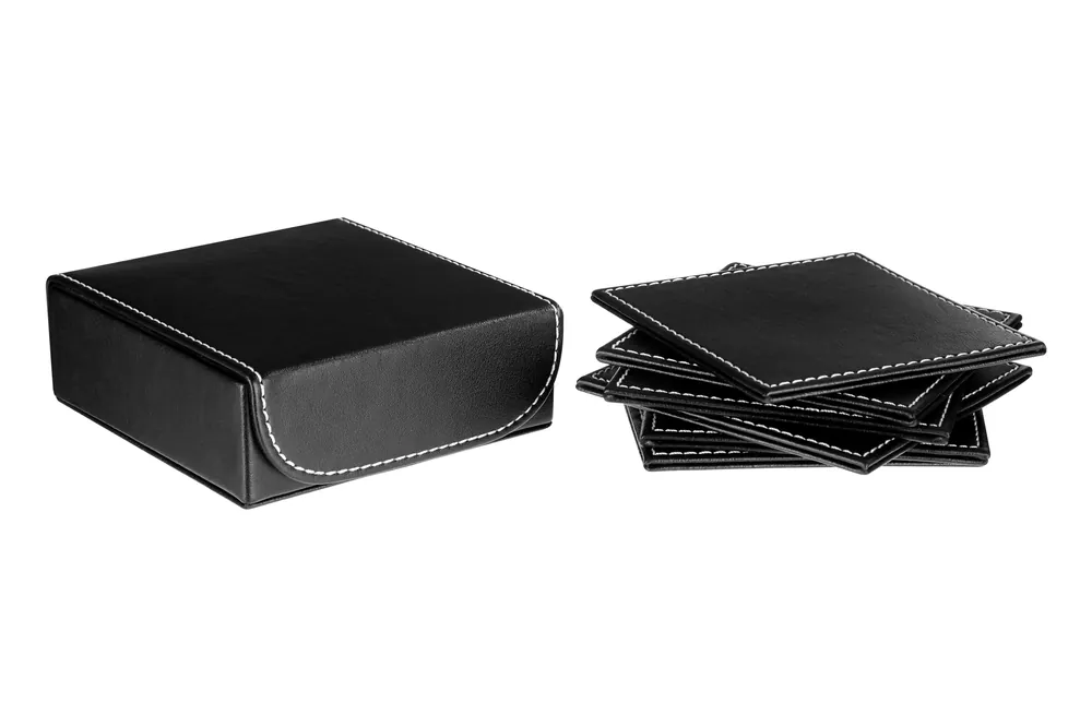 Orsina Set of 6 Black Faux Leather Square Costers with Holder, Leather Coasters for Glass, Tea Cup, Dining Table