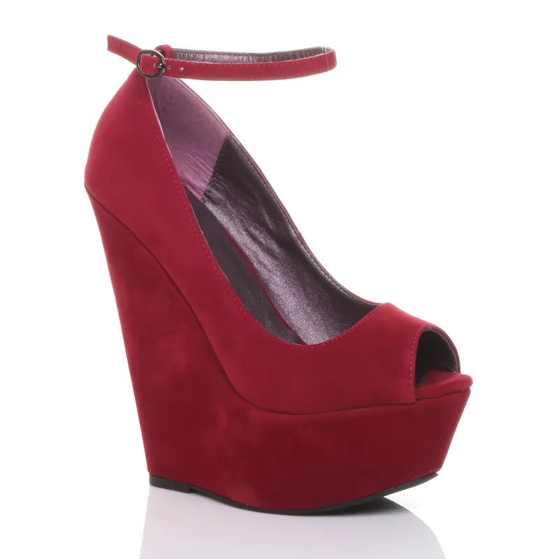 High Wedge Heel Platform Ankle Strap Peep Toe Court Shoes - AJVANI