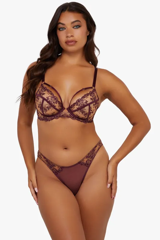 Cassia Wine Custom Embroidery Bra - Playful Promises