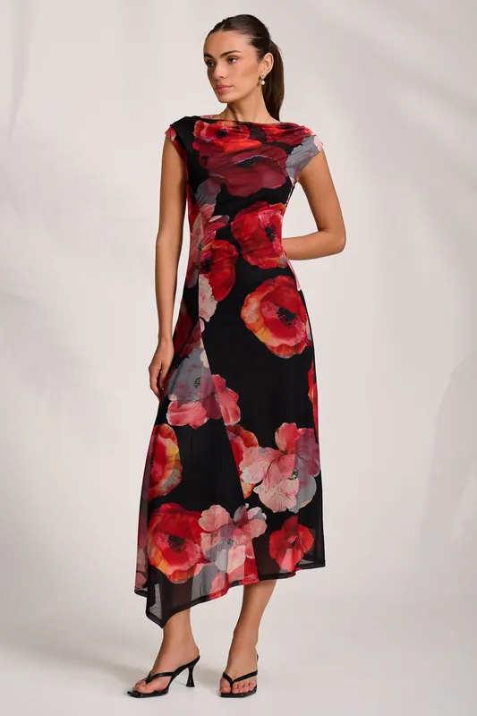 Asymmetric Draped Mesh Midaxi Dress - Jolie Moi