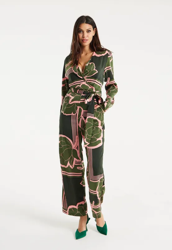 Geometric Floral Print Jumpsuit In Dark Green - Liquorish