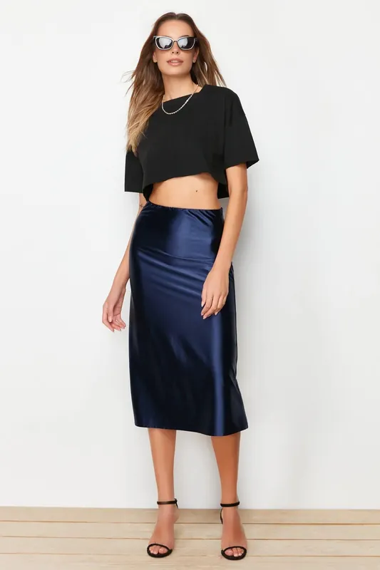 Satin Finish A-Line Midi Skirt