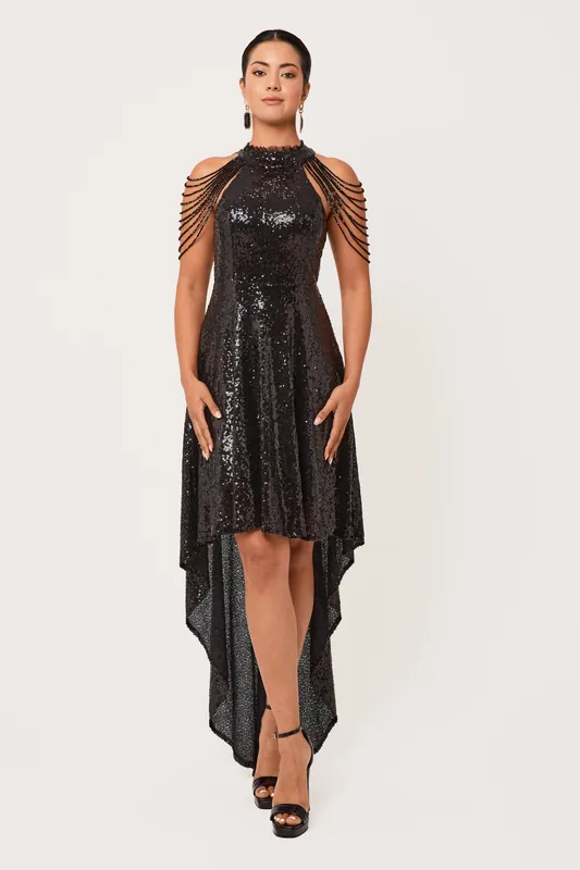 Rinsha - Black Sequin Hi-Lo Mini Dress