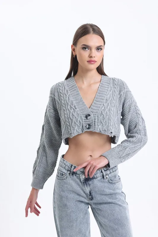 Cable Knitted V Neck Cropped Cardigan - Hiccup