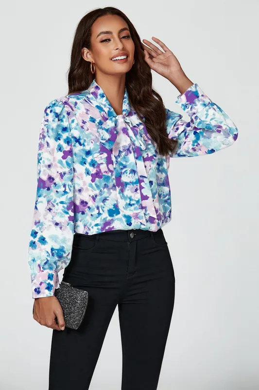 Abstract Floral Print Tie Detail Long Sleeve Blouse Top In Blue - FS Collection