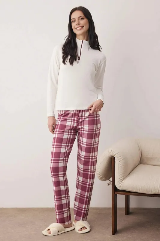 Zip Neck Waffle Knit Top and Check Flannel Trouser Pyjama Set - WOVCOR