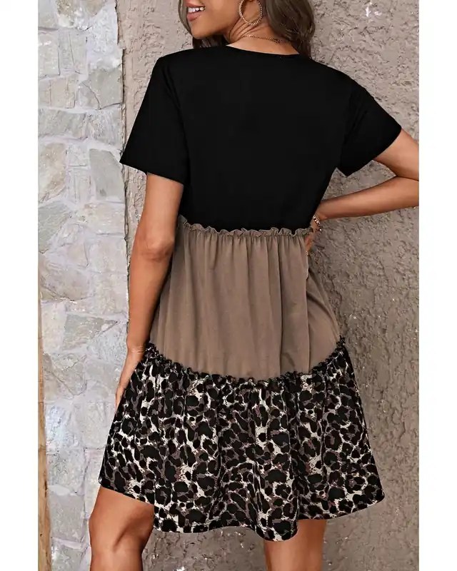 Light French Beige Leopard Print Colorblock Frill Trim T-shirt Dress