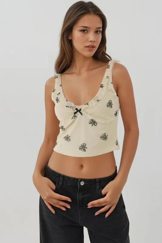 U Collar Printed Crop Tank Top - Hiccup