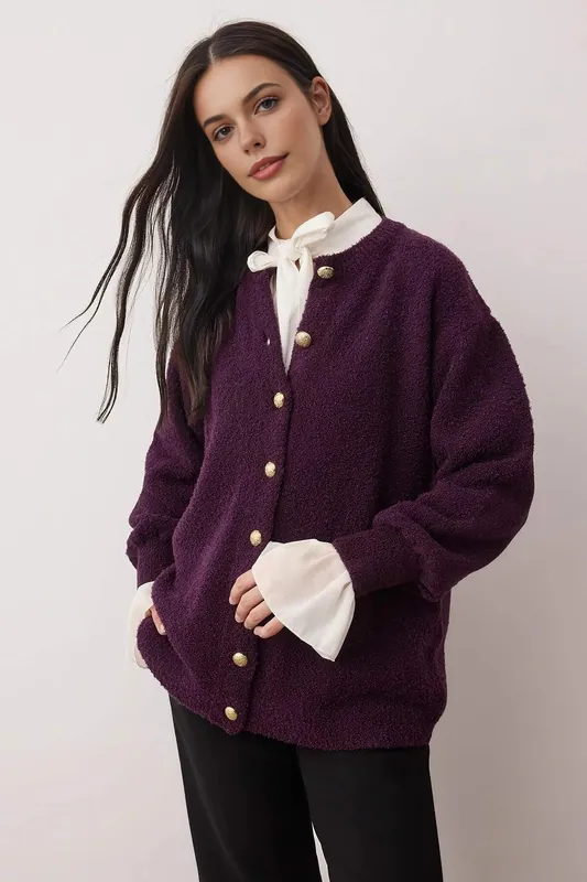 Soft Bouclé Knit Button-Front Cardigan