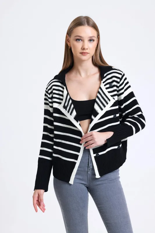Striped Polo Collar Buttoned Classic Cardigan - Hiccup