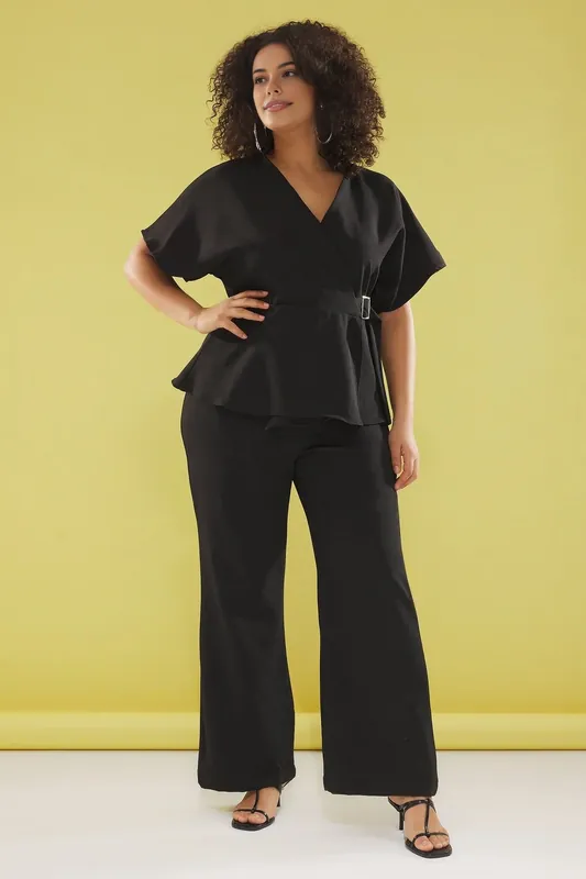 Wrap Detail Wide Leg Woven Jumpsuit with Belt - WOVCOR
