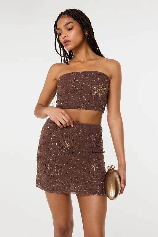Brown Sequin Embroidered Bandeau Top - Pink Vanilla