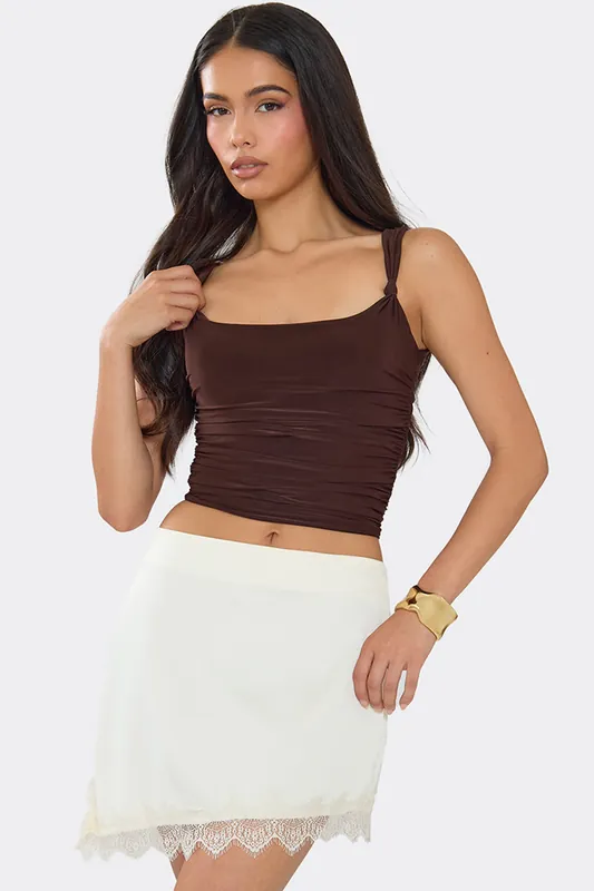 Lace Trim Satin Mid Rise Mini Skirt - EGO