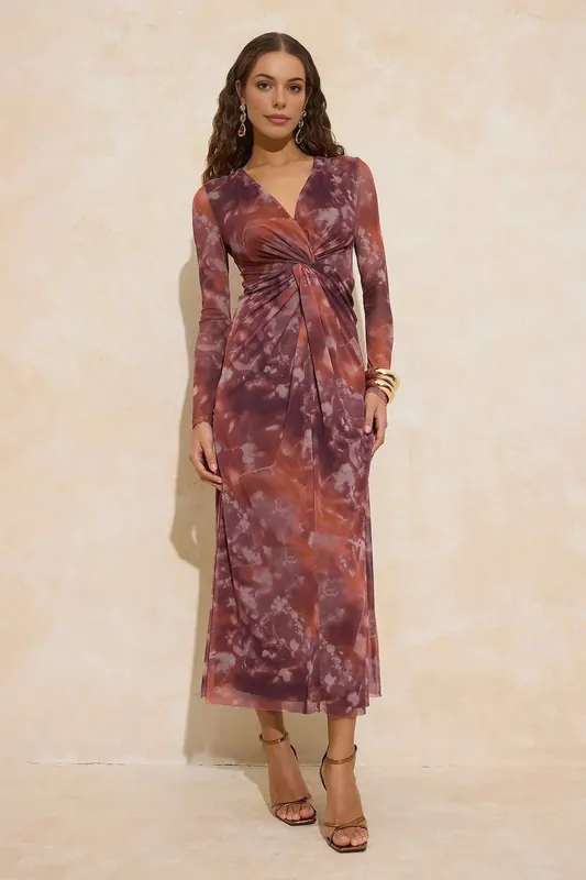 Abstract Floral Ruched Long Sleeve Maxi Tulle Dress - WOVCOR