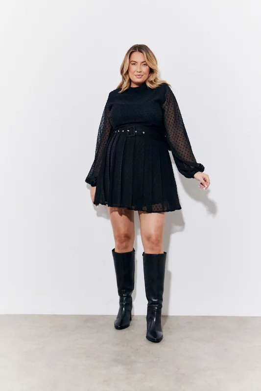 Black Dobby Belted Pleated Skater Dress - In The Style