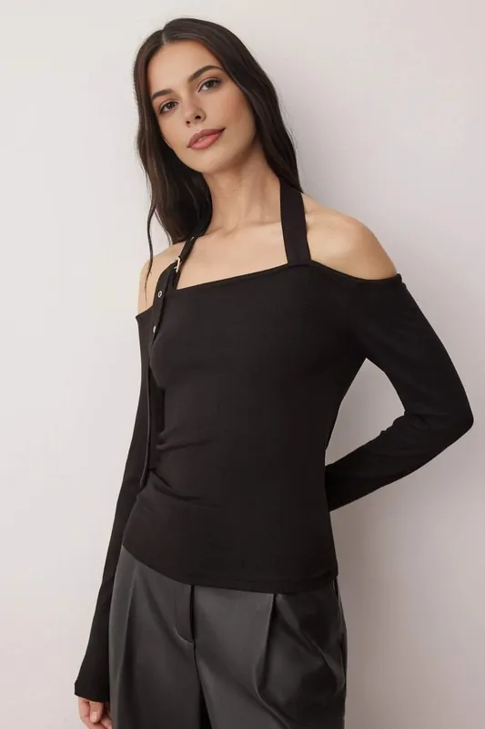Fitted Knit Blouse with Strap Detail - WOVCOR