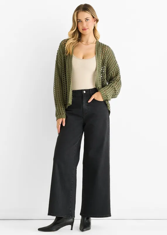 Khaki Open Knit Edge to Edge Cardigan - Gini London