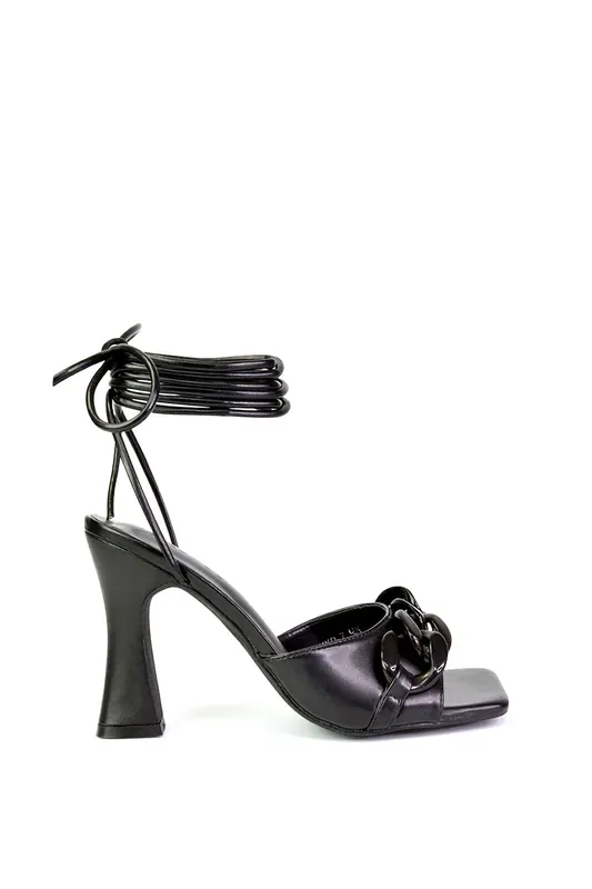 Rhegan' Lace Up Chain Detail Square Toe Block High Heel Sandals - XY London