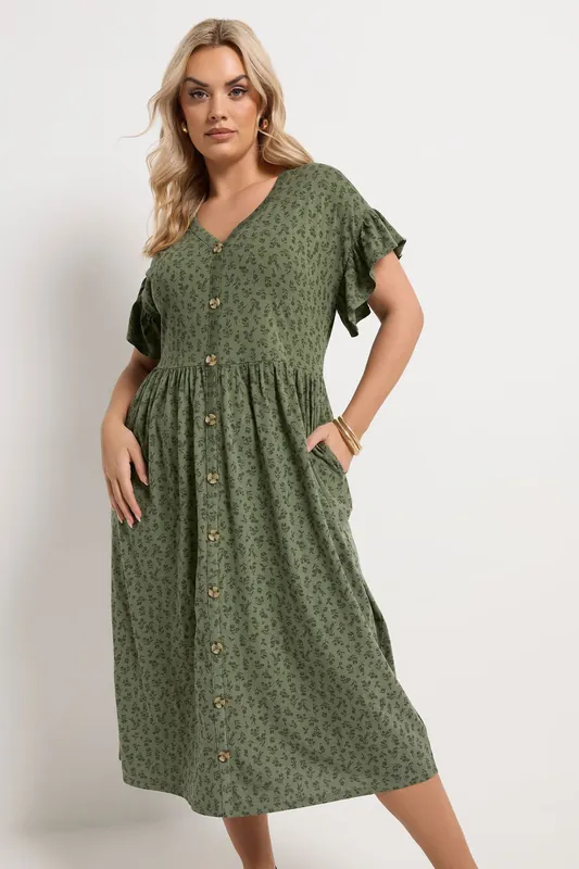 Floral Frill Sleeve Dress - Yours