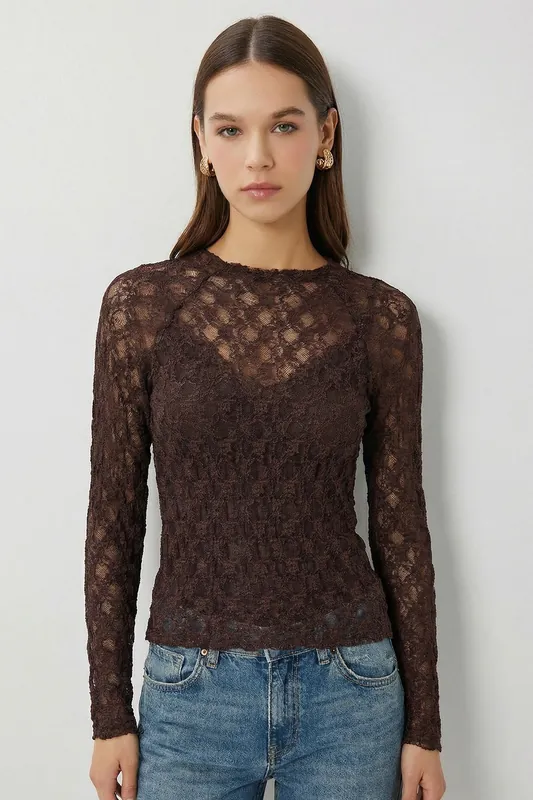 Textured Lace Long Sleeve Blouse - Happiness Istanbul