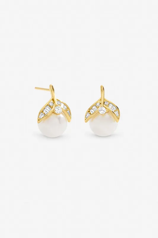 Gold Plated Crystal and Pearl Leaf Stud Earrings - Jon Richard