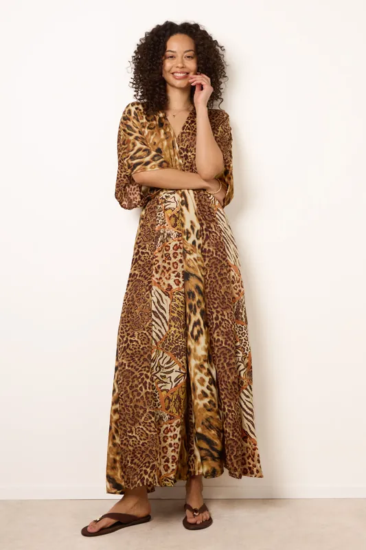 Brown Animal Print Wide Leg Cross Over Jumpsuit - Blue Vanilla