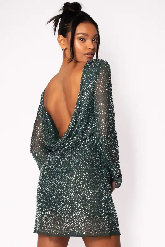 Paris Flared Sleeve Cowl Back Jewel Mini Dress in Emerald Hotfix - Jaded Rose