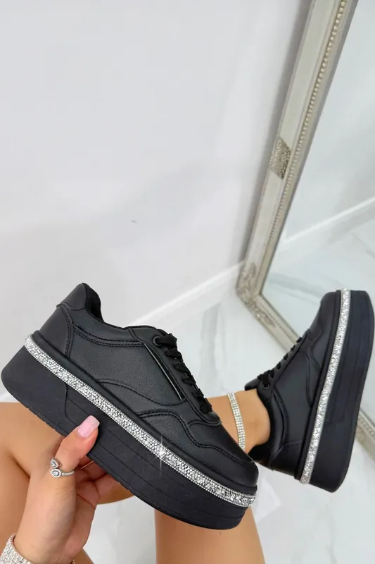Crystal Diamante Trim Platform Trainers - Love Lemonade