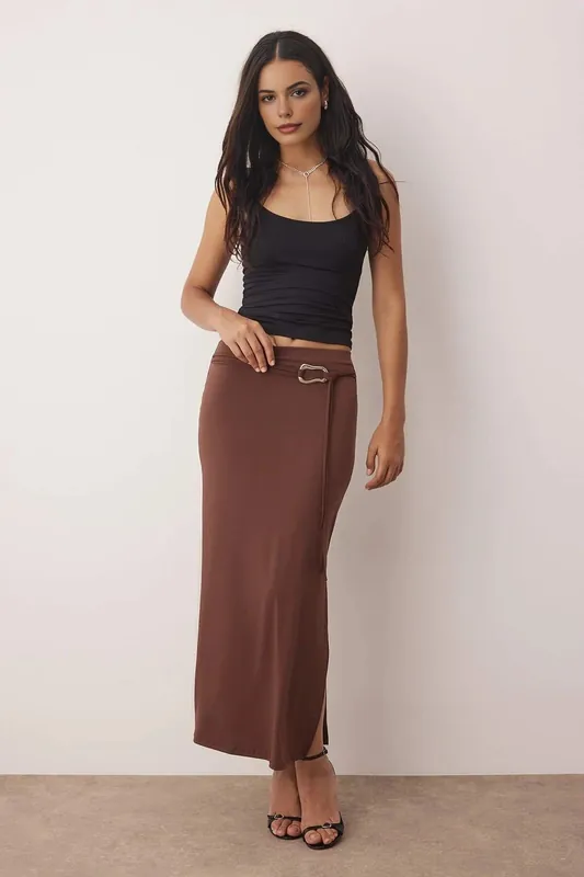 Slit Maxi Knit Skirt with Belt Detail - WOVCOR