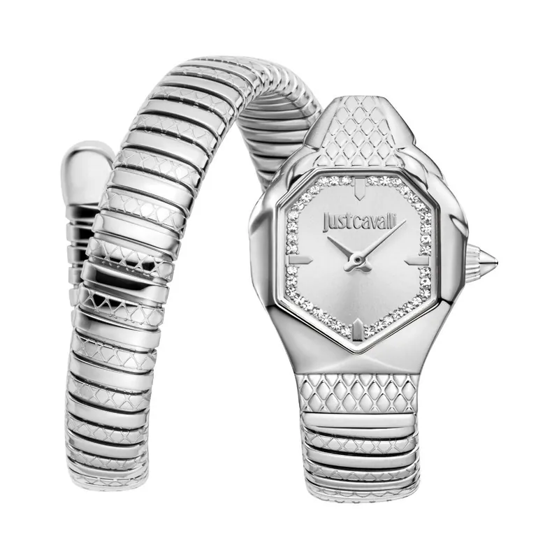 Snake Watch, Silver Color Case, Silver Dial, Stainless Steel Bracelet - Just Cavalli