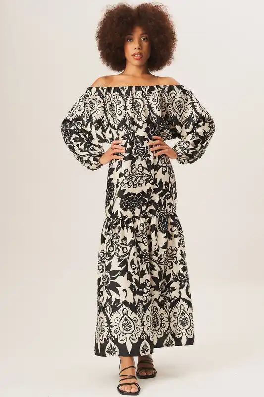 Mono Border Print Bardot Maxi Dress - Gini London