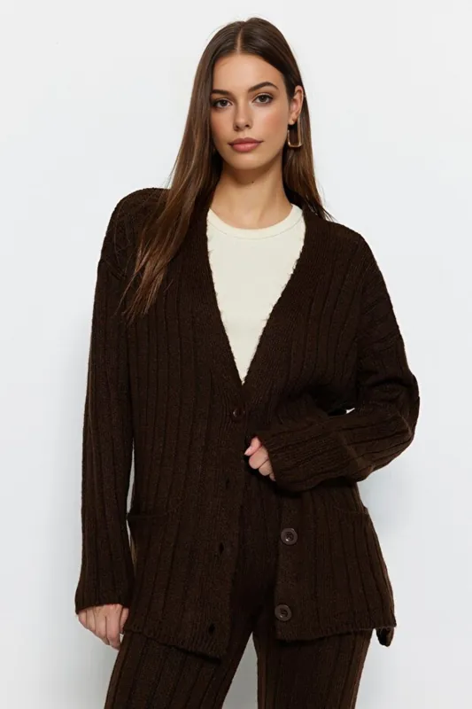 2-Piece Set Ribbed Knit Cardigan & Wide Leg Trousers