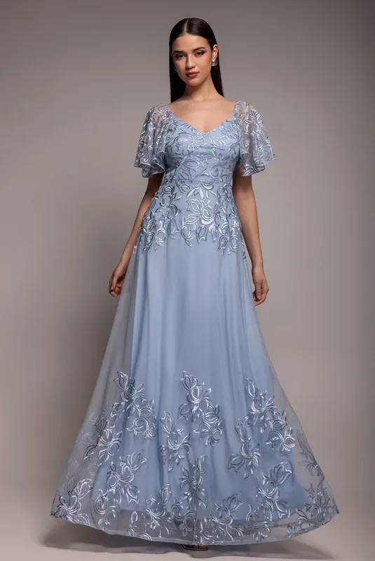 Lace Flutter Sleeve Embroidered Mesh A Line Maxi Dress - Goddiva