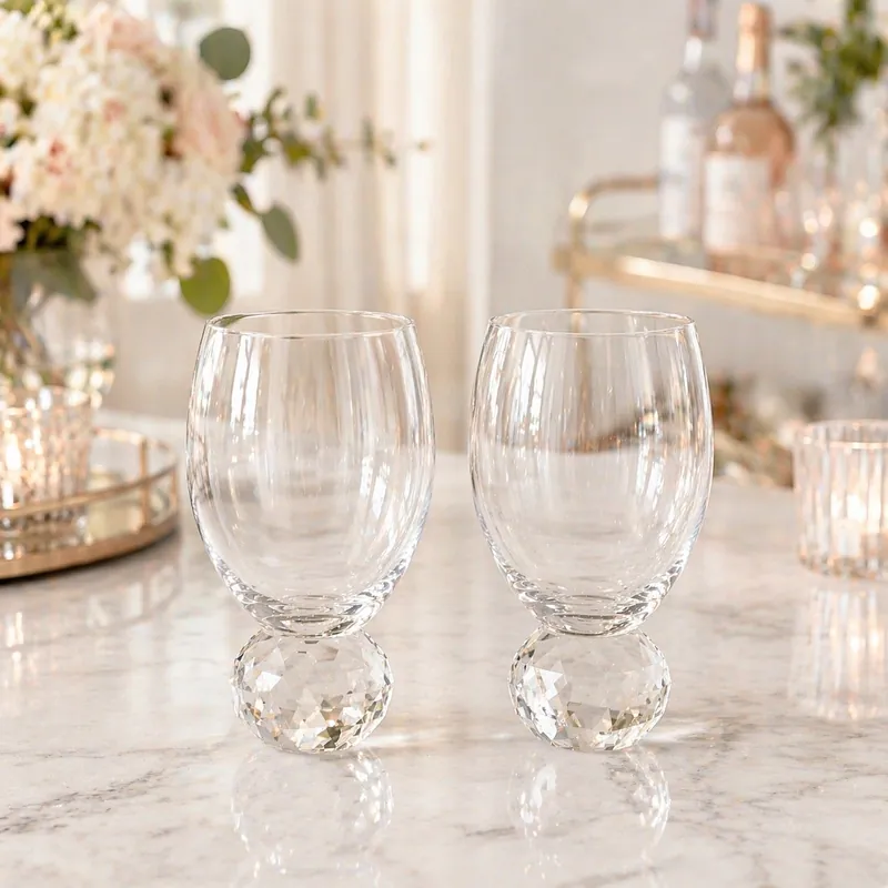 Ribbed Wine Glass With Diamond Ball Base Set of 2 - Hestia