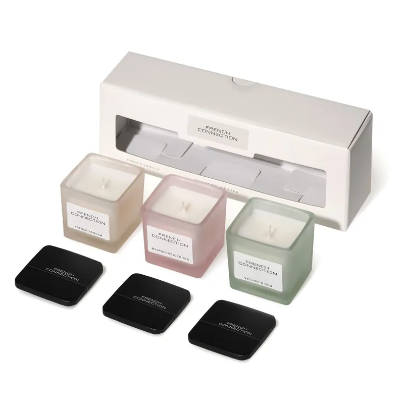 Square Glass Candle Trio Gift Set Vanilla, Raspberry Tea & Vetiver Oud - French Connection