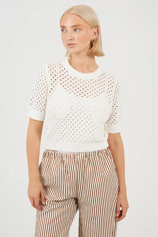 Crochet Knit Short Sleeve T-Shirt With Shell Detail