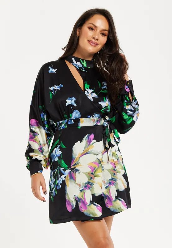 Elegant Floral Print Mini Wrap Dress With Cut Out Detail - Liquorish