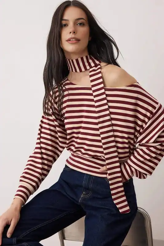 Striped Off Shoulder Knit Blouse with Shawl Neck Detail - WOVCOR