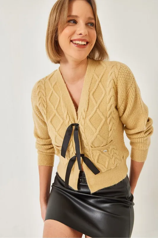 Textured V-Neck Cropped Cardigan with Pompom